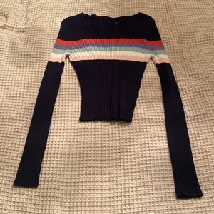 Navy Blue Sweater with Red, Purple, Mint, White, and Pink Stripes